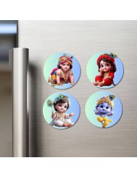 Krishna and Radha. Fridge Magnets 4 Piece Set | 3 Inch Round Wall Fridge Decor (F22772)