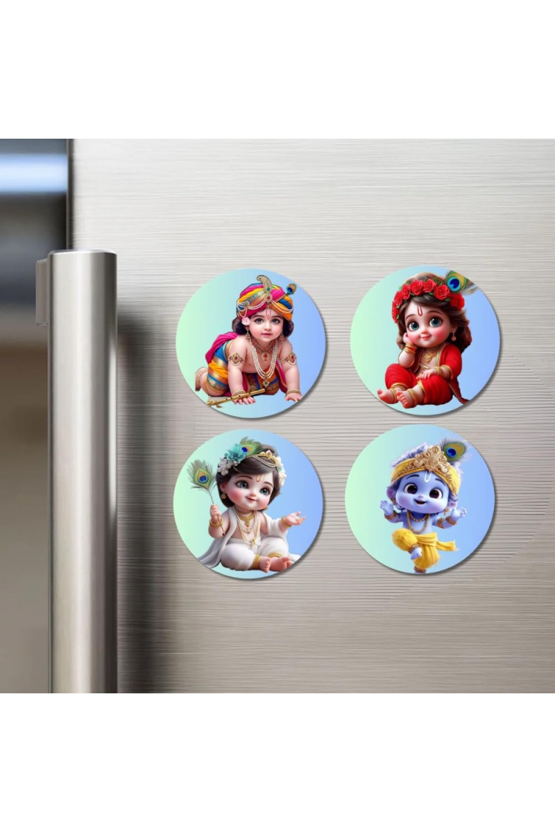 Krishna and Radha. Fridge Magnets 4 Piece Set | 3 Inch Round Wall Fridge Decor (F22772)