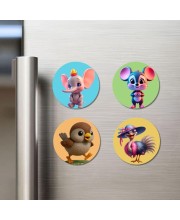 Elephant, Mouse, Sparrow, and Ostrich. Fridge Magnets 4 Piece Set | 3 Inch Round Wall Fridge Decor (F22853)