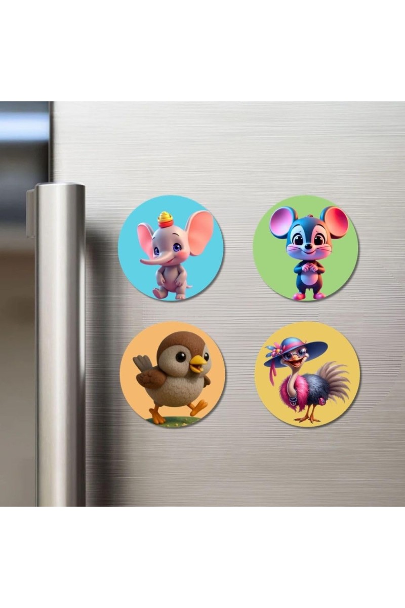 Elephant, Mouse, Sparrow, and Ostrich. Fridge Magnets 4 Piece Set | 3 Inch Round Wall Fridge Decor (F22853)