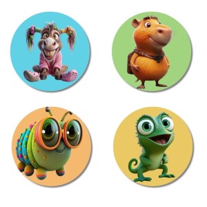 Donkey, Capybara, Caterpillar, and Chameleon. Fridge Magnets 4 Piece Set | 3 Inch Round Wall Fridge Decor (F22946) Donkey, Capybara, Caterpillar, and Chameleon. Fridge Magnets 4 Piece Set | 3 Inch Round Wall Fridge Decor (F22946)