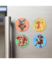 Owl, Goldfish, Monkey, and Rooster. Fridge Magnets 4 Piece Set | 3 Inch Round Wall Fridge Decor (F22993)