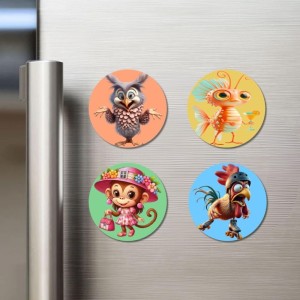 Owl, Goldfish, Monkey, and Rooster. Fridge Magnets 4 Piece Set | 3 Inch Round Wall Fridge Decor (F22993) Owl, Goldfish, Monkey, and Rooster. Fridge Magnets 4 Piece Set | 3 Inch Round Wall Fridge Decor (F22993)