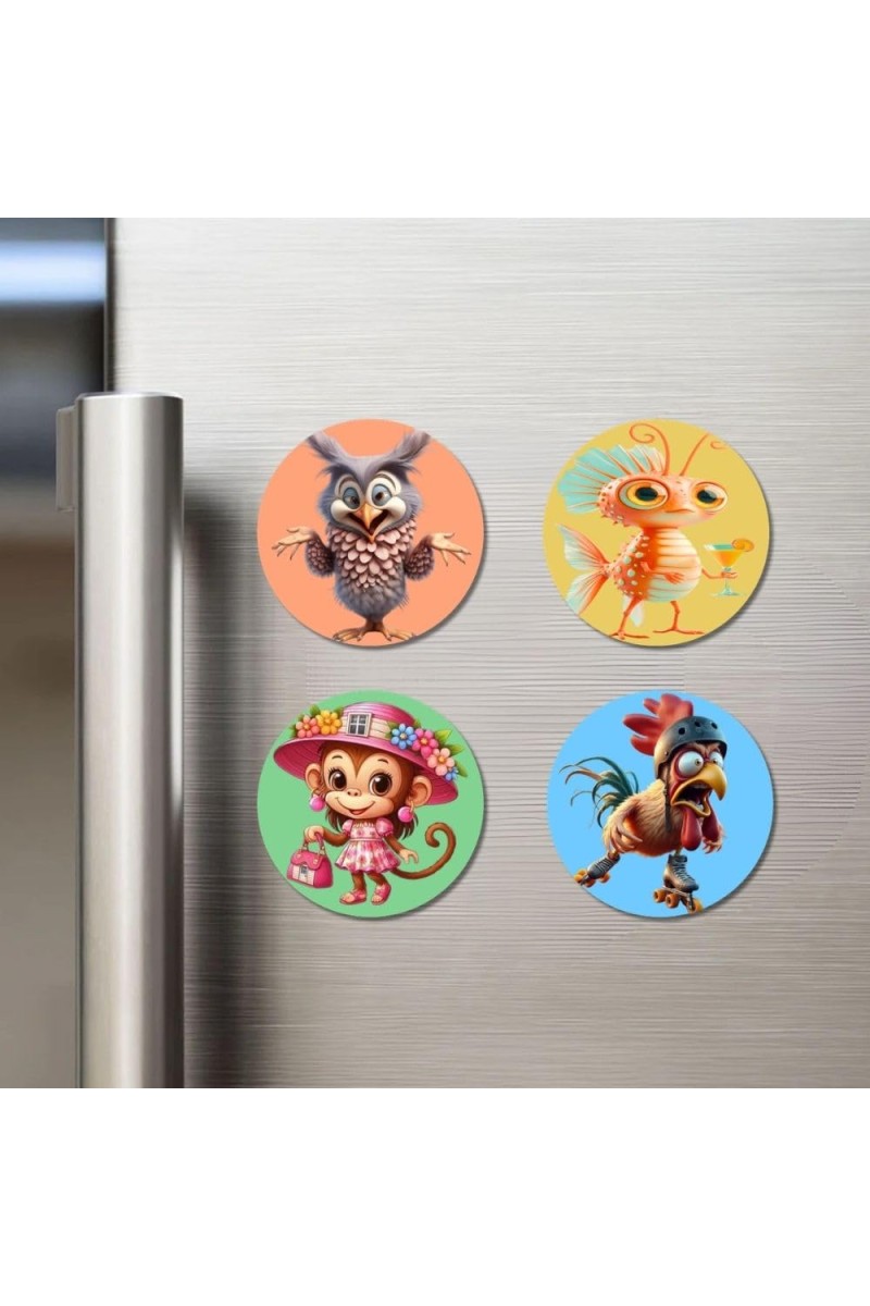 Owl, Goldfish, Monkey, and Rooster. Fridge Magnets 4 Piece Set | 3 Inch Round Wall Fridge Decor (F22993)