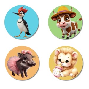 Woodpecker, Cow, Boar, and Lion. Fridge Magnets 4 Piece Set | 3 Inch Round Wall Fridge Decor (F22889) Woodpecker, Cow, Boar, and Lion. Fridge Magnets 4 Piece Set | 3 Inch Round Wall Fridge Decor (F22889)