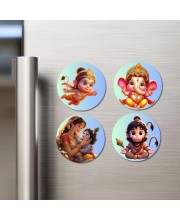 Rama, Ganesha, Yashoda, Krishna, and Hanuman Fridge Magnets 4 Piece Set | 3 Inch Round Wall Fridge Decor (F22833)