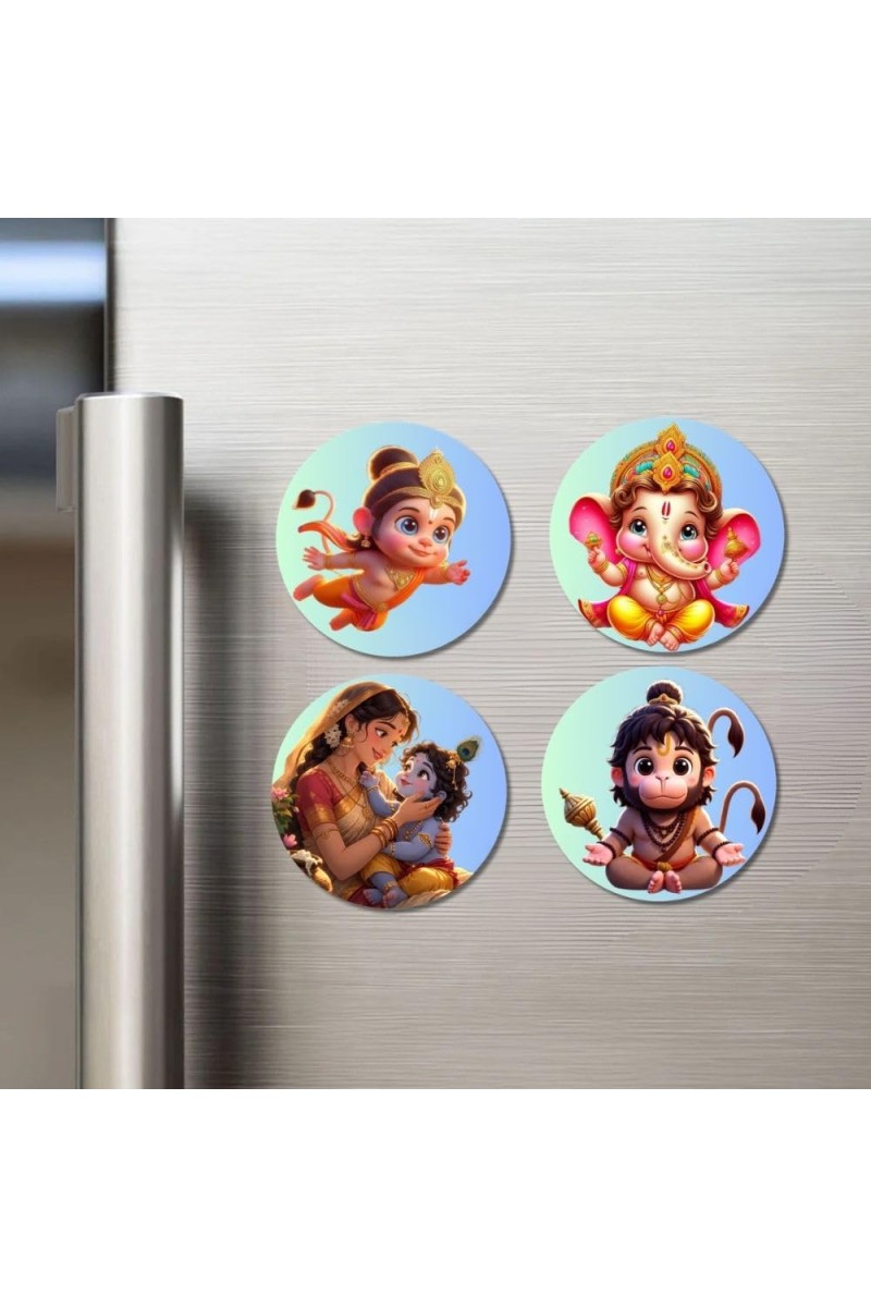 Rama, Ganesha, Yashoda, Krishna, and Hanuman Fridge Magnets 4 Piece Set | 3 Inch Round Wall Fridge Decor (F22833)