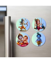 Krishna, Radha, Rama, and Ganesha. Fridge Magnets 4 Piece Set | 3 Inch Round Wall Fridge Decor (F22837)