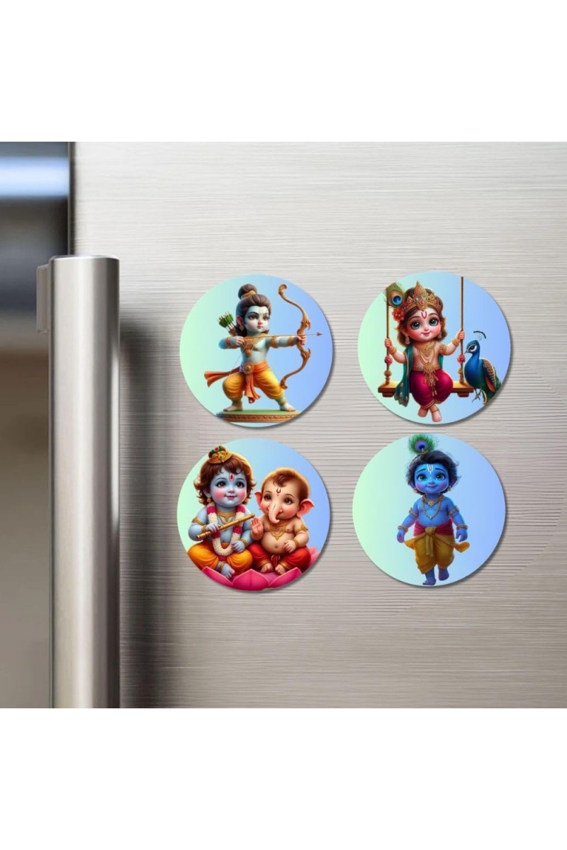 Krishna, Radha, Rama, and Ganesha. Fridge Magnets 4 Piece Set | 3 Inch Round Wall Fridge Decor (F22837)
