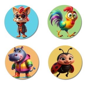 Fox, Rooster, Hippo, and Ladybug. Fridge Magnets 4 Piece Set | 3 Inch Round Wall Fridge Decor (F22948) Fox, Rooster, Hippo, and Ladybug. Fridge Magnets 4 Piece Set | 3 Inch Round Wall Fridge Decor (F22948)