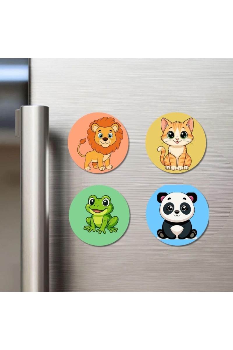 Lion, Cat, Frog, and Panda. Fridge Magnets 4 Piece Set | 3 Inch Round Wall Fridge Decor (F22950)