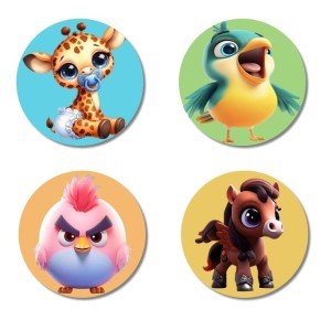 Giraffe, Parrot, Chick, and Horse. Fridge Magnets 4 Piece Set | 3 Inch Round Wall Fridge Decor (F22904)