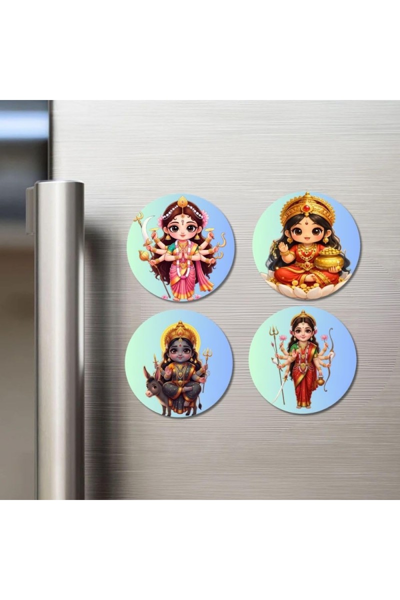 Maa Durga, Maa Lakshmi, Maa Kali, Maa Parvati Fridge Magnets 4 Piece Set | 3 Inch Round Wall Fridge Decor (F23211)