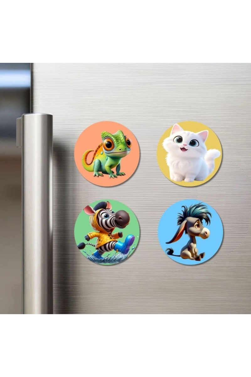 Chameleon, Cat, Zebra, and Donkey. Fridge Magnets 4 Piece Set | 3 Inch Round Wall Fridge Decor (F23015)