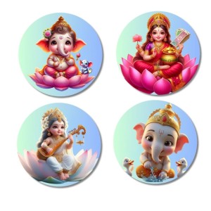 Lakshmi, Ganesha, Rama, and Saraswati. Fridge Magnets 4 Piece Set | 3 Inch Round Wall Fridge Decor (F22778)