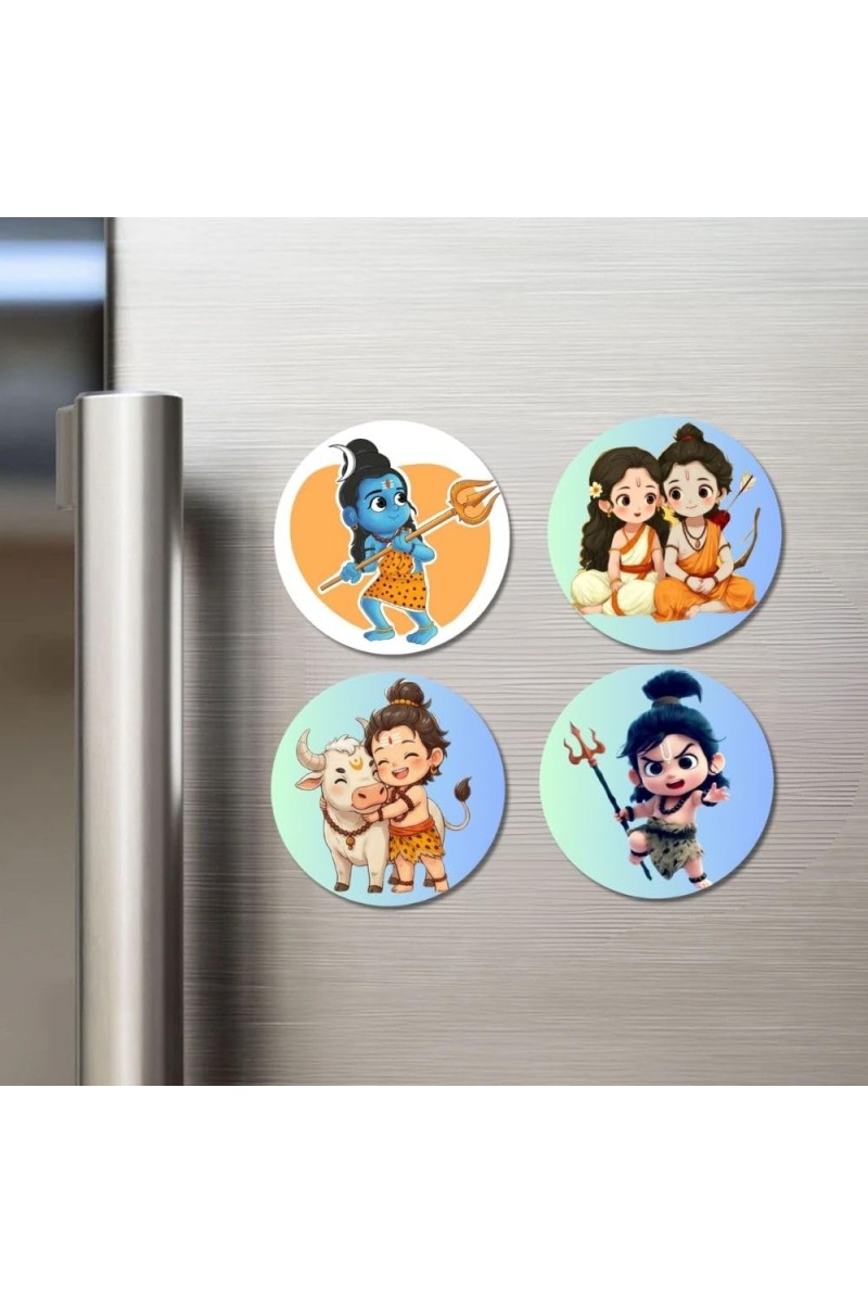 Shiva, Rama, Sita, and Nandi. Fridge Magnets 4 Piece Set | 3 Inch Round Wall Fridge Decor (F22848)