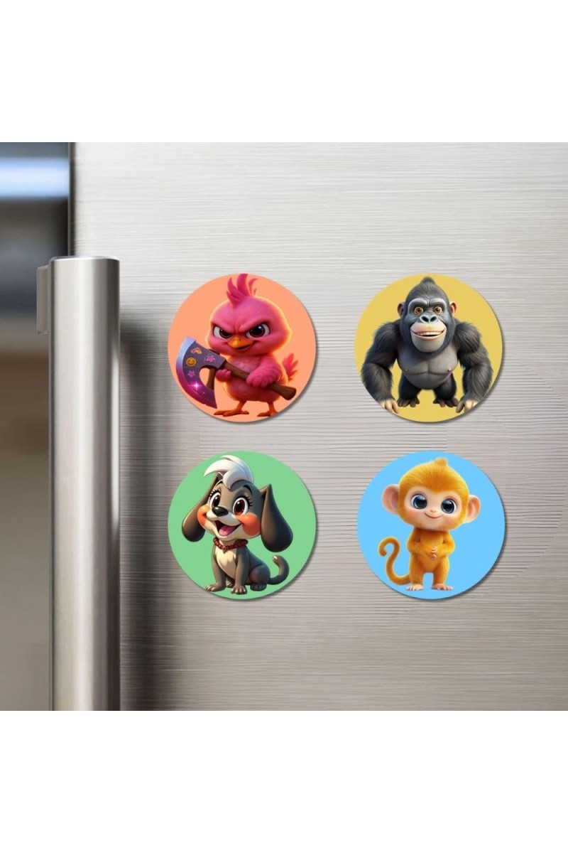 Bird, Gorilla, Dog, and Monkey. Fridge Magnets 4 Piece Set | 3 Inch Round Wall Fridge Decor (F22974)