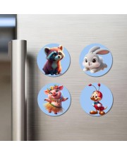 Raccoon, Rabbit, Pig, Ant Fridge Magnets 4 Piece Set | 3 Inch Round Wall Fridge Decor (F23168)