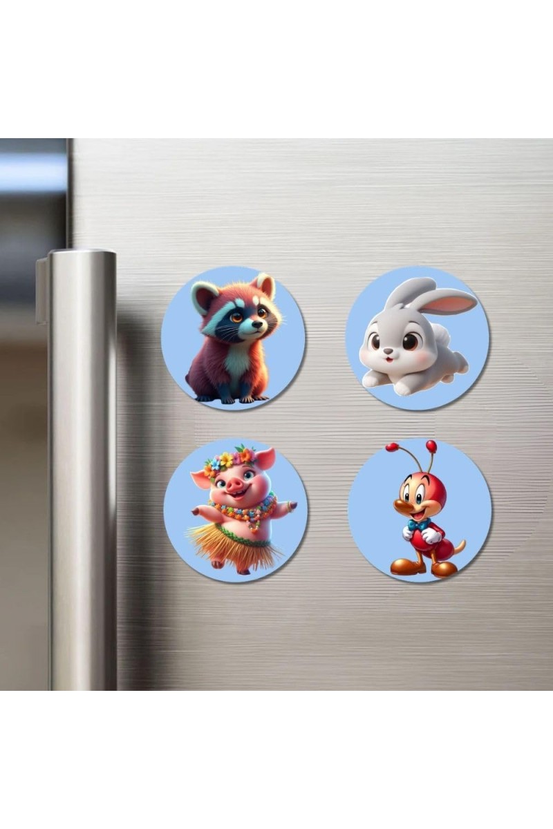 Raccoon, Rabbit, Pig, Ant Fridge Magnets 4 Piece Set | 3 Inch Round Wall Fridge Decor (F23168)