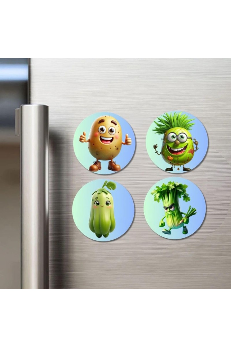 Potato, Bitter Gourd, Bottle Gourd, Celery Fridge Magnets 4 Piece Set | 3 Inch Round Wall Fridge Decor (F23330)