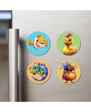 Fish, Duck, Chameleon, and Sparrow. Fridge Magnets 4 Piece Set | 3 Inch Round Wall Fridge Decor (F22903)