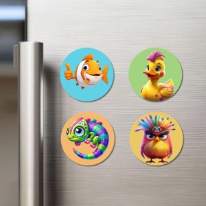 Fish, Duck, Chameleon, and Sparrow. Fridge Magnets 4 Piece Set | 3 Inch Round Wall Fridge Decor (F22903)
