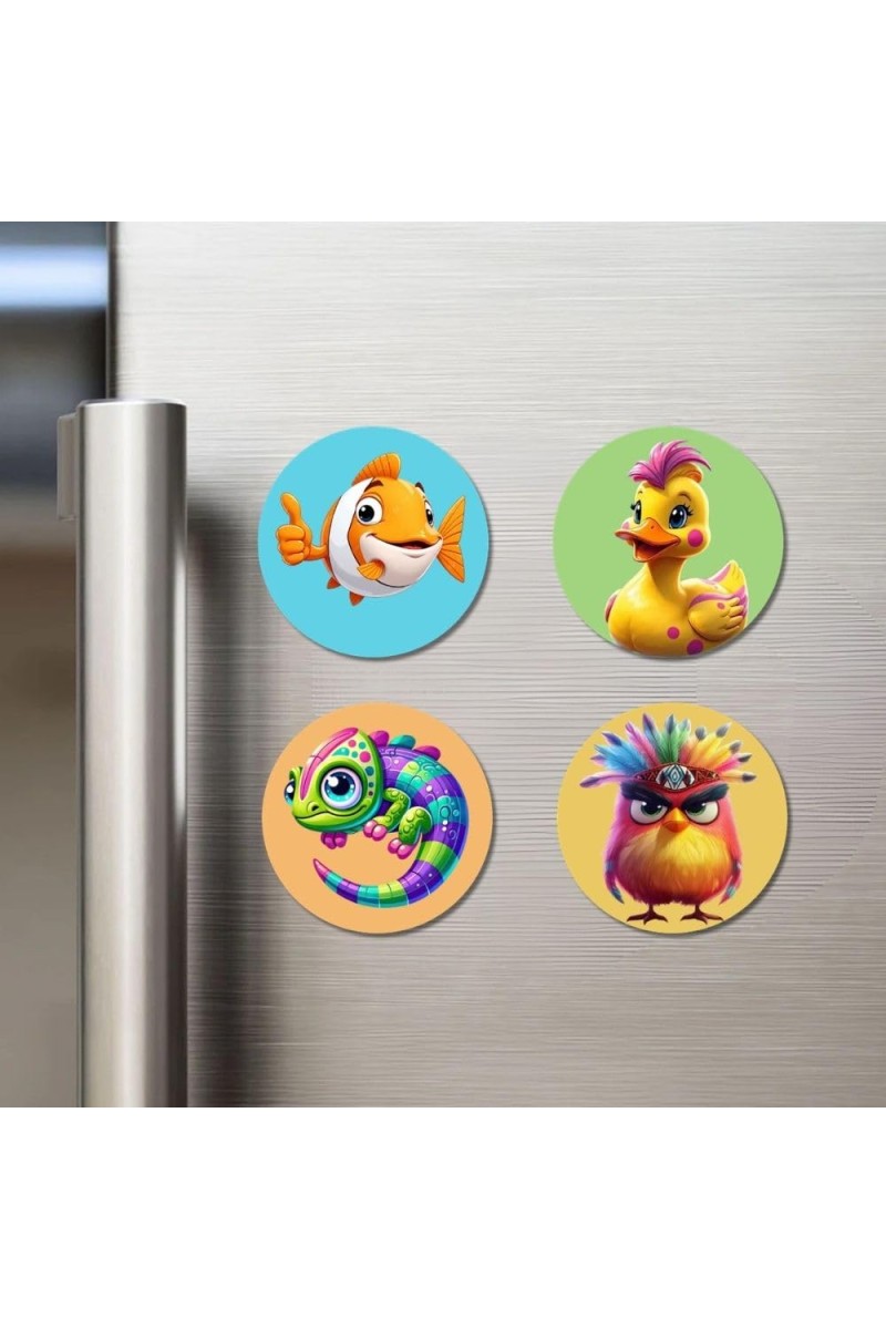 Fish, Duck, Chameleon, and Sparrow. Fridge Magnets 4 Piece Set | 3 Inch Round Wall Fridge Decor (F22903)