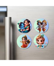 Krishna, Yashoda, and Radha. Fridge Magnets 4 Piece Set | 3 Inch Round Wall Fridge Decor (F22779)