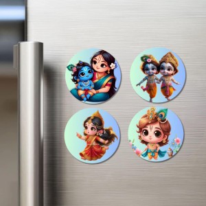 Krishna, Yashoda, and Radha. Fridge Magnets 4 Piece Set | 3 Inch Round Wall Fridge Decor (F22779)