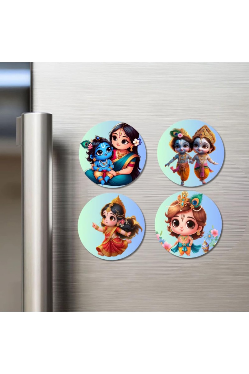 Krishna, Yashoda, and Radha. Fridge Magnets 4 Piece Set | 3 Inch Round Wall Fridge Decor (F22779)
