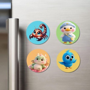 Corpion, Duck, Dragon, and Bluebird. Fridge Magnets 4 Piece Set | 3 Inch Round Wall Fridge Decor (F22866)