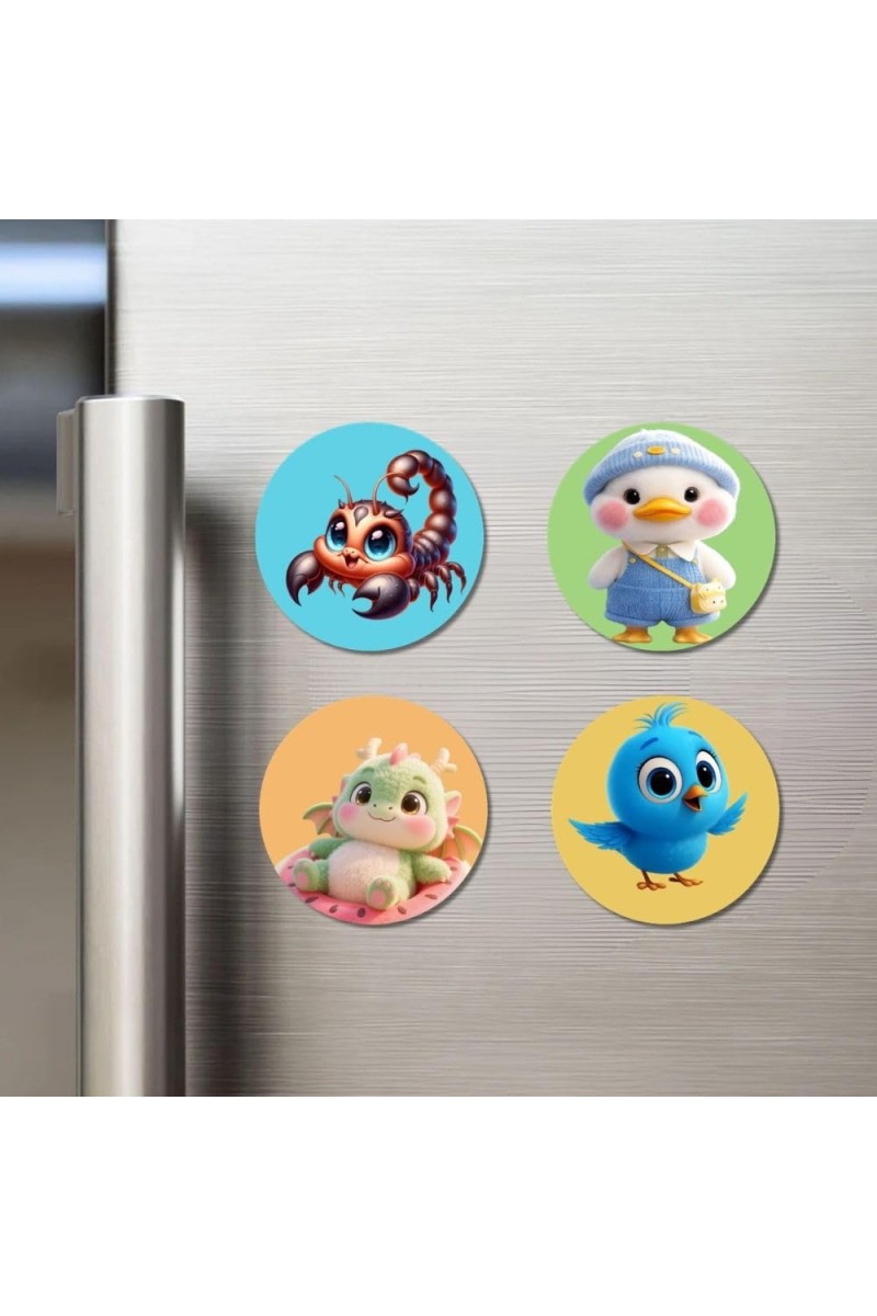 Corpion, Duck, Dragon, and Bluebird. Fridge Magnets 4 Piece Set | 3 Inch Round Wall Fridge Decor (F22866)