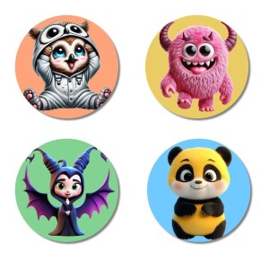 Owl, Monster, Bat, and Panda. Fridge Magnets 4 Piece Set | 3 Inch Round Wall Fridge Decor (F22972) Owl, Monster, Bat, and Panda. Fridge Magnets 4 Piece Set | 3 Inch Round Wall Fridge Decor (F22972)