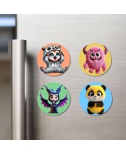 Owl, Monster, Bat, and Panda. Fridge Magnets 4 Piece Set | 3 Inch Round Wall Fridge Decor (F22972)
