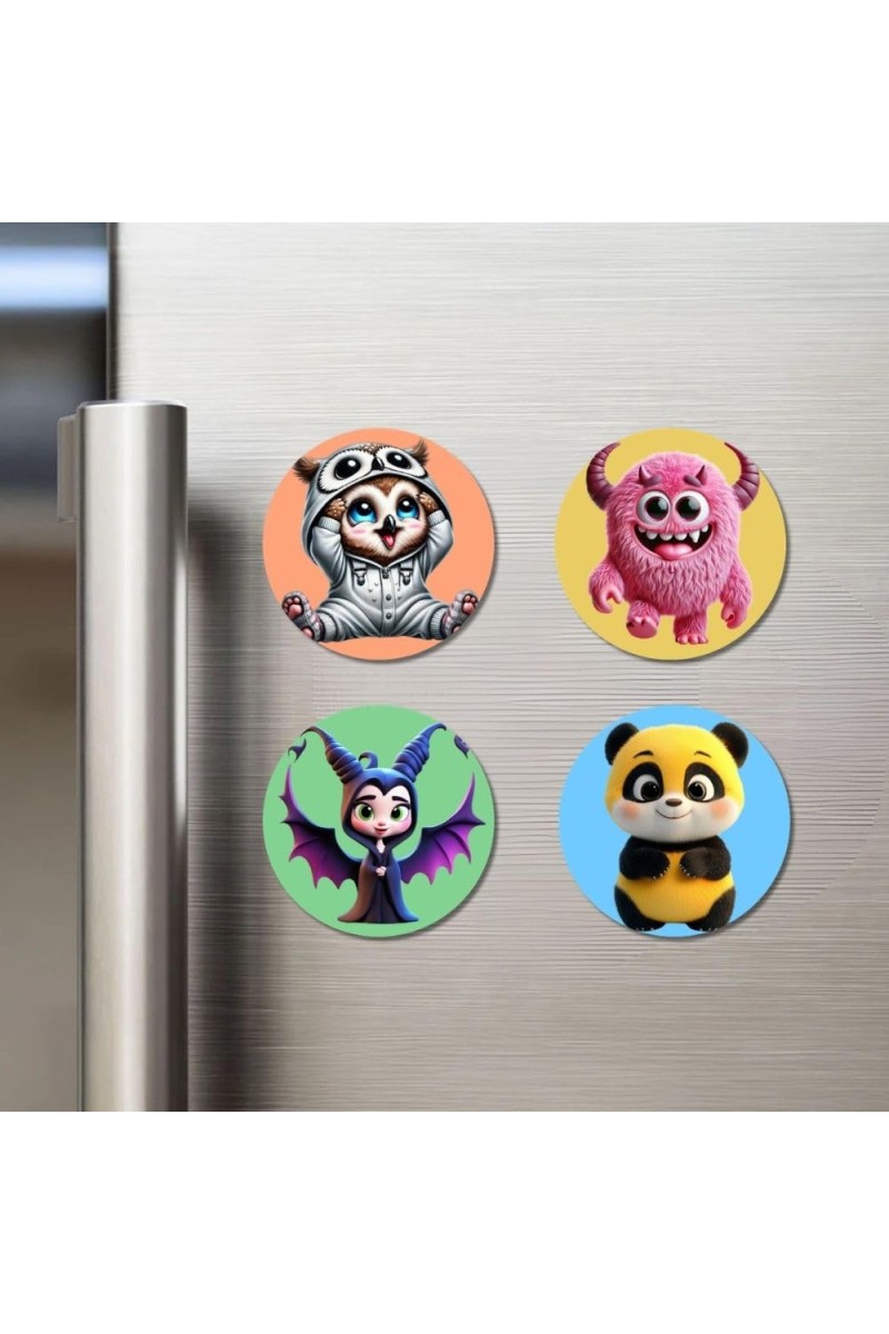 Owl, Monster, Bat, and Panda. Fridge Magnets 4 Piece Set | 3 Inch Round Wall Fridge Decor (F22972)