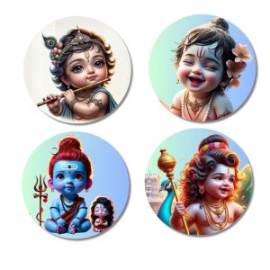 Ganesha, Rama, and Shiva. Fridge Magnets 4 Piece Set | 3 Inch Round Wall Fridge Decor (F22764)