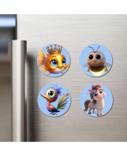 Goldfish, Firefly, Peacock, Pony Fridge Magnets 4 Piece Set | 3 Inch Round Wall Fridge Decor (F23164)