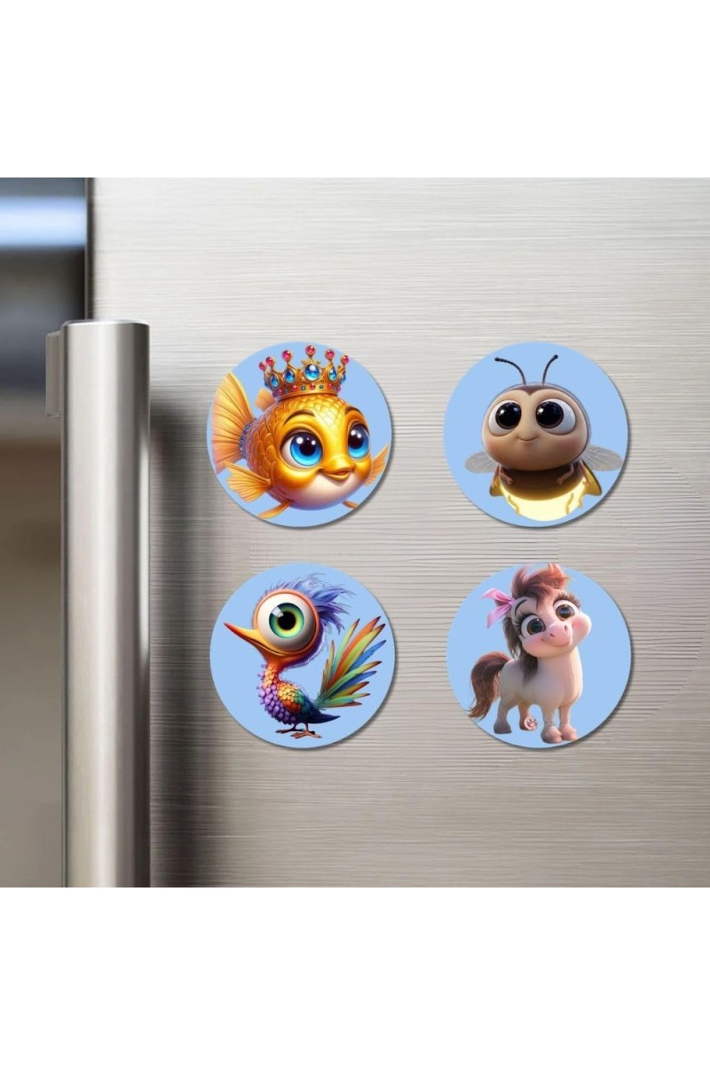 Goldfish, Firefly, Peacock, Pony Fridge Magnets 4 Piece Set | 3 Inch Round Wall Fridge Decor (F23164)