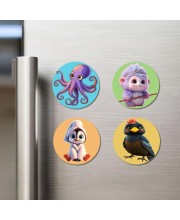 Octopus, Monkey, Penguin, and Bird. Fridge Magnets 4 Piece Set | 3 Inch Round Wall Fridge Decor (F22874)