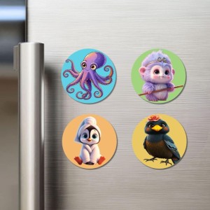Octopus, Monkey, Penguin, and Bird. Fridge Magnets 4 Piece Set | 3 Inch Round Wall Fridge Decor (F22874)