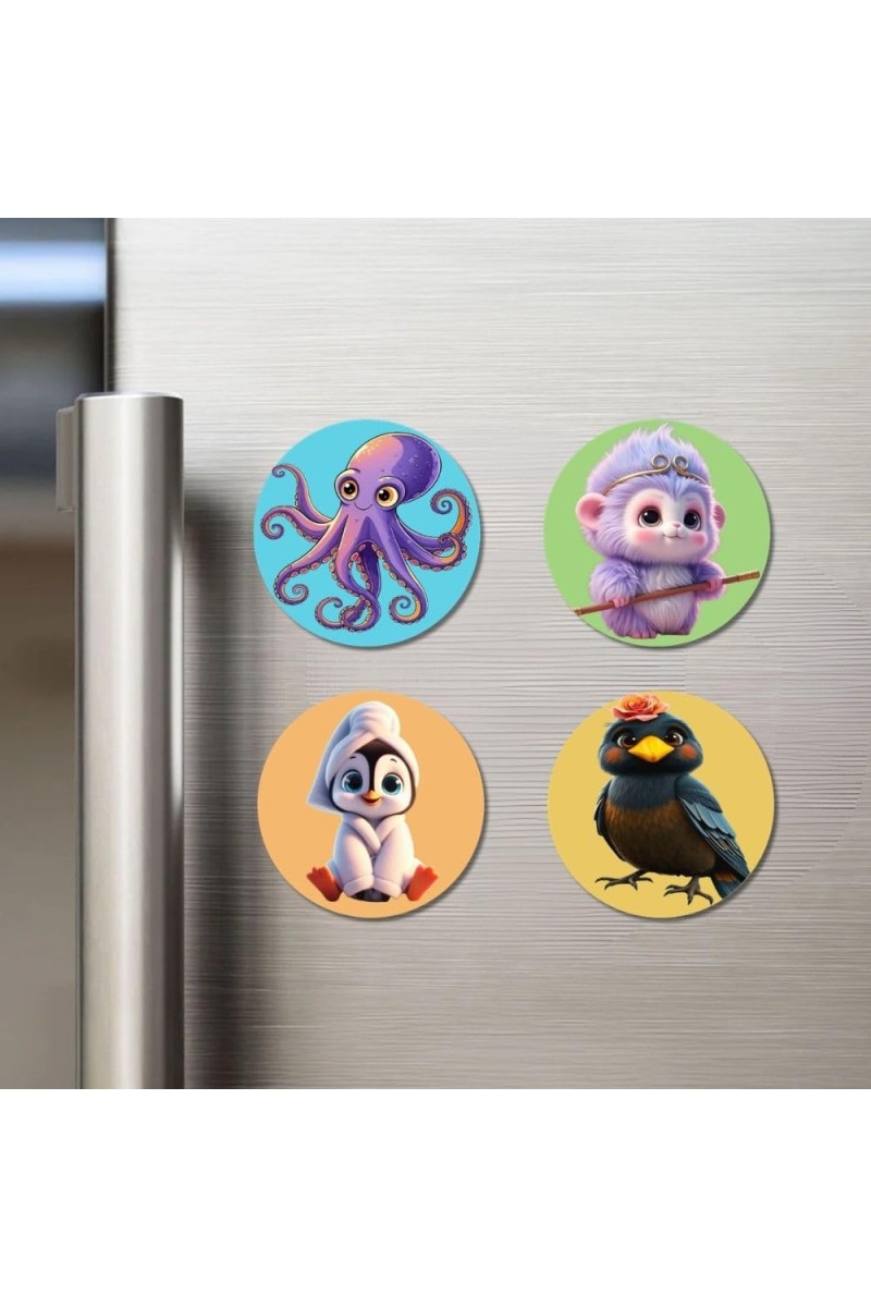 Octopus, Monkey, Penguin, and Bird. Fridge Magnets 4 Piece Set | 3 Inch Round Wall Fridge Decor (F22874)