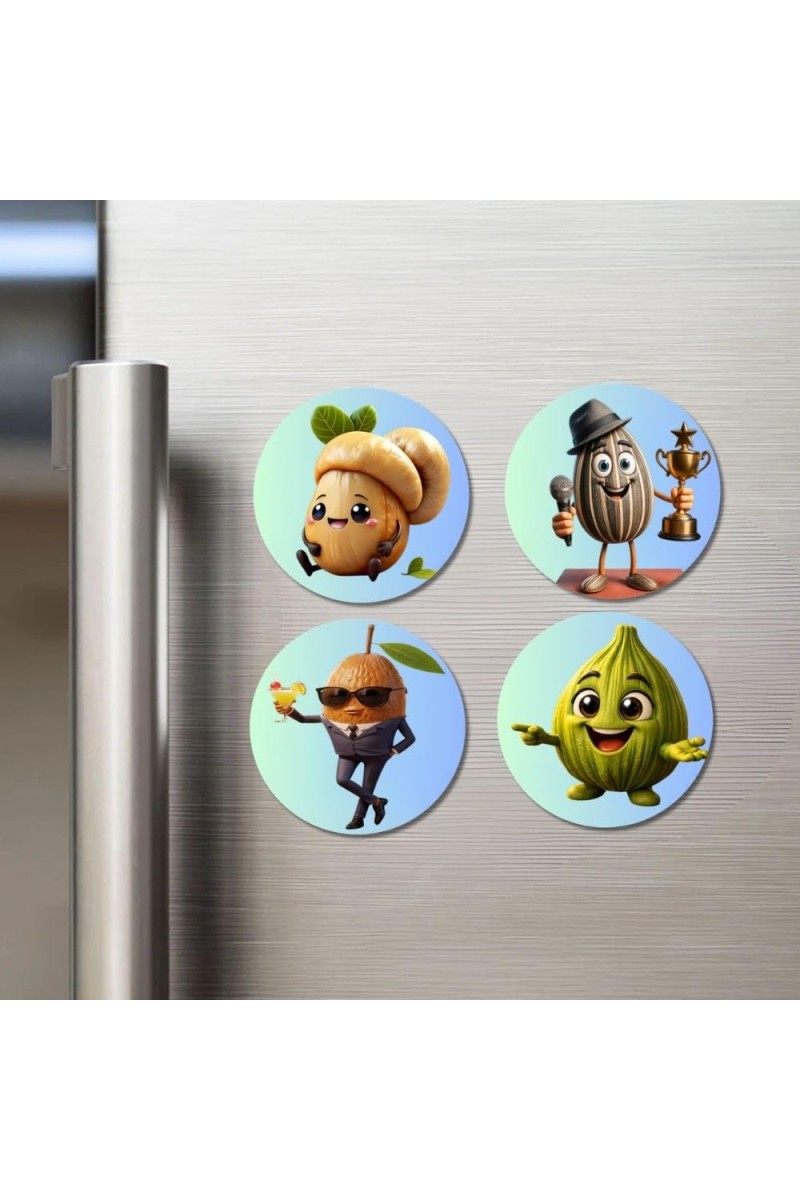 Pomegranate, Bitter Gourd, Cashew, Sapota Fridge Magnets 4 Piece Set | 3 Inch Round Wall Fridge Decor (F23320)