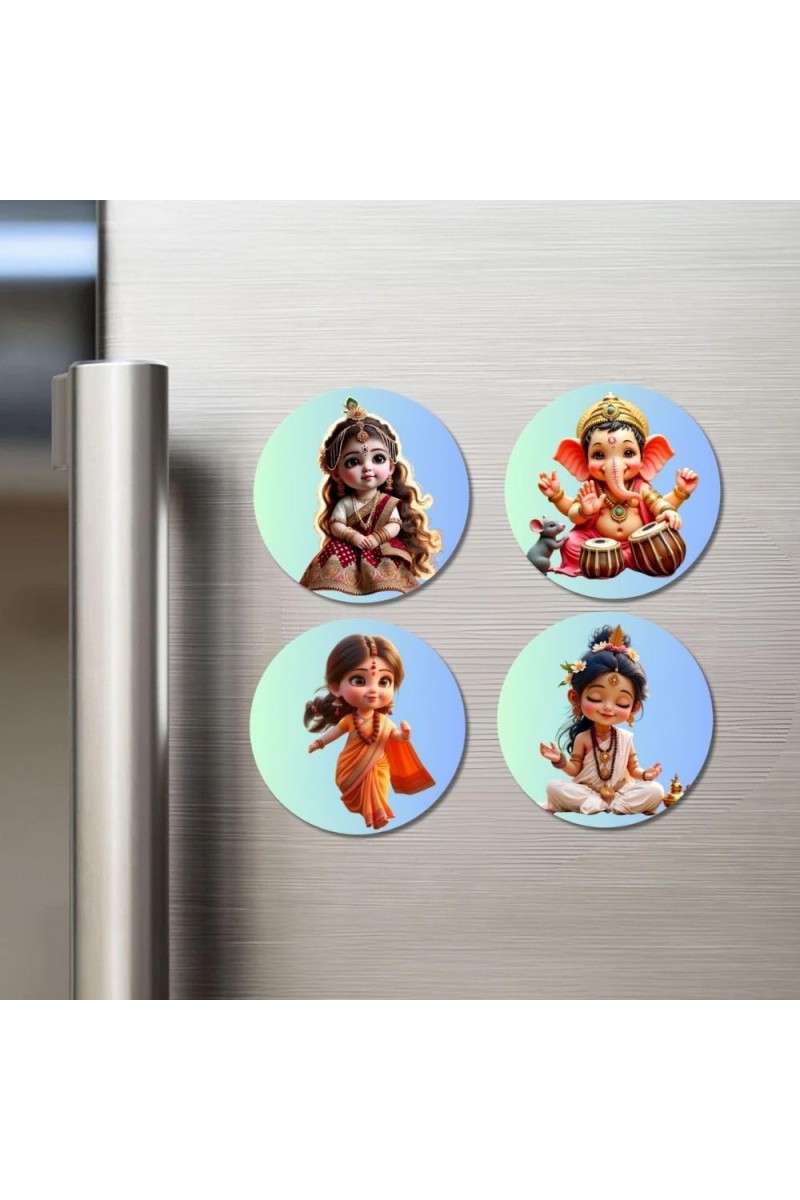 Krishna, Ganesha, Hanuman, Shiva Fridge Magnets 4 Piece Set | 3 Inch Round Wall Fridge Decor (F23178)