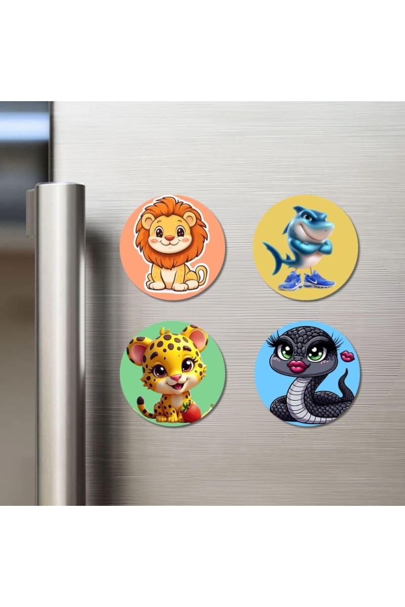 Lion, Shark, Leopard, and Snake. Fridge Magnets 4 Piece Set | 3 Inch Round Wall Fridge Decor (F22953)