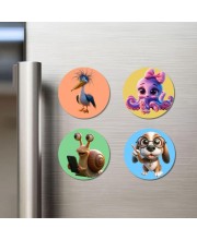 Bird, Octopus, Snail, and Dog. Fridge Magnets 4 Piece Set | 3 Inch Round Wall Fridge Decor (F23005)