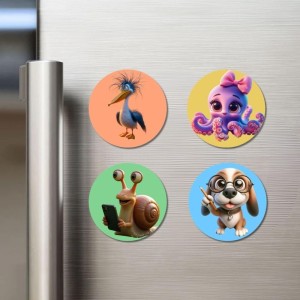 Bird, Octopus, Snail, and Dog. Fridge Magnets 4 Piece Set | 3 Inch Round Wall Fridge Decor (F23005)