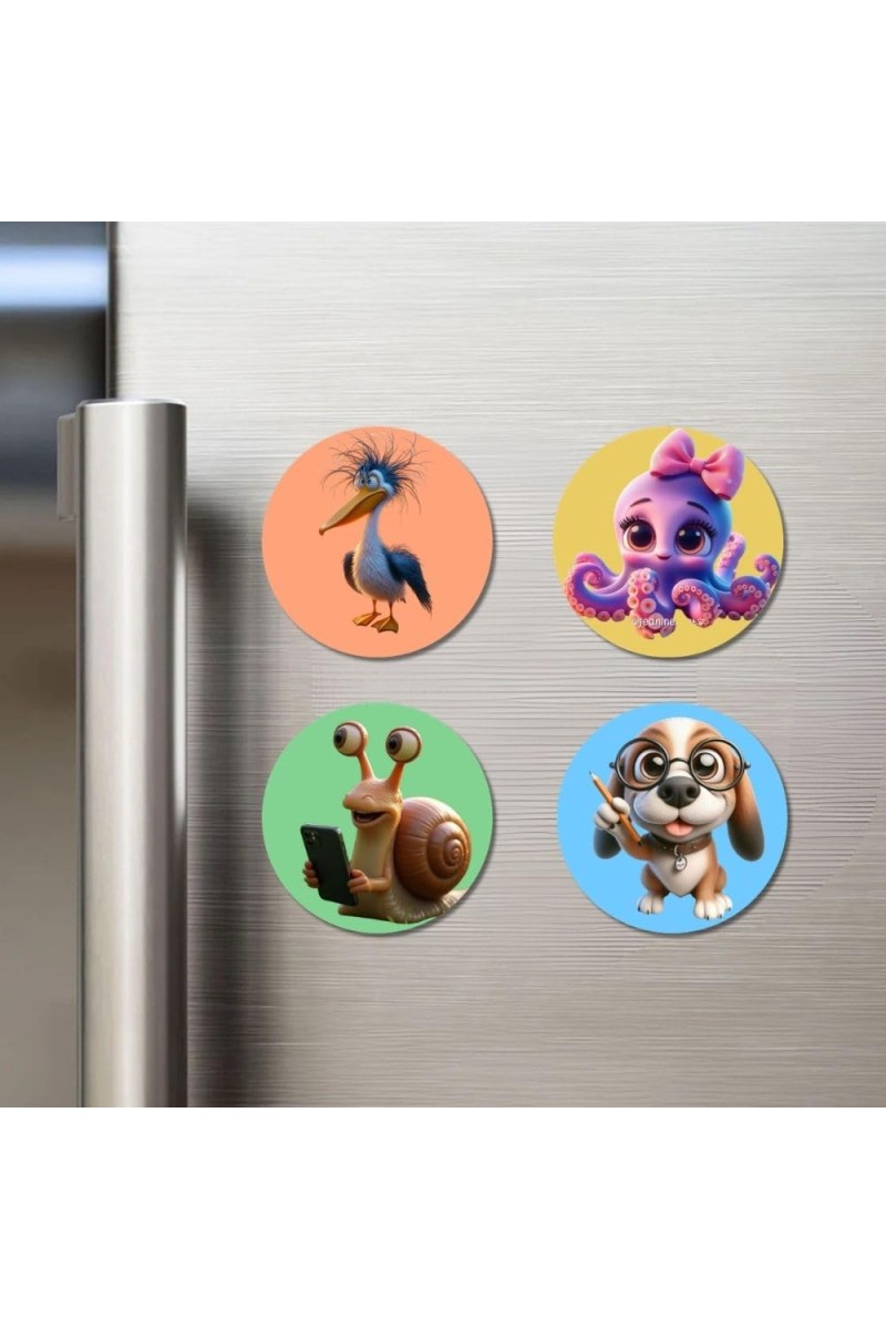 Bird, Octopus, Snail, and Dog. Fridge Magnets 4 Piece Set | 3 Inch Round Wall Fridge Decor (F23005)