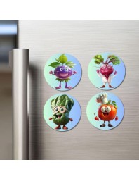Grape, Radish, Cucumber, Tomato Fridge Magnets 4 Piece Set | 3 Inch Round Wall Fridge Decor (F23279)