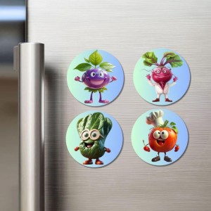 Grape, Radish, Cucumber, Tomato Fridge Magnets 4 Piece Set | 3 Inch Round Wall Fridge Decor (F23279)