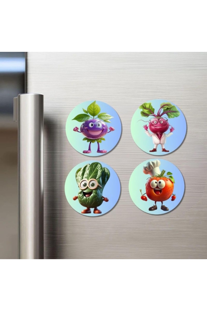 Grape, Radish, Cucumber, Tomato Fridge Magnets 4 Piece Set | 3 Inch Round Wall Fridge Decor (F23279)
